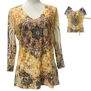 Kiara Top V Neck Embellished 3/4 Sleeve Tee Yellow Purple Marigold Boho Large